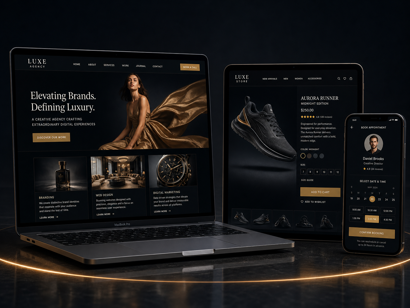 Laptop, tablet and phone displaying premium website designs built by Digital Boss Pro